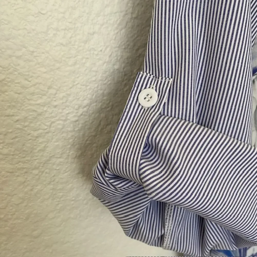 Ness Tunic Button Down Cut‎ Collar Roll Tab Sleeves Striped Floral Women's XL - Picture 8 of 13